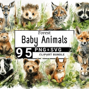 Wald Baby Tiere Clipart, niedliche Wald Aquarell Clip Art, Kinderzimmer Babyparty, Fuchs, Bär, Hirsch, Waschbär, druckbare digitale PNG und SVG