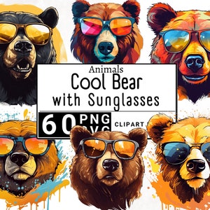 Coole beer met zonnebril clipart, aquarel bos dieren illustraties, schattige jungle sticker mok en T-shirt, download afdrukbare PNG & SVG