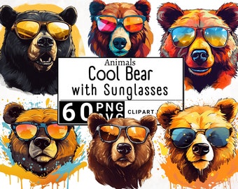 May include: Five cartoon bears wearing sunglasses. The bears are in different colors and poses. The text "Animals Cool Bear with Sunglasses 60 PNG CLIPART" is at the top of the image.