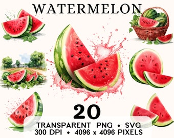 Watermelon Clipart, Fruit Watercolor Watermelon Basket Clip Art, Food Sticker Mug and Shirt Design, Digital Download, Printable PNG & SVG