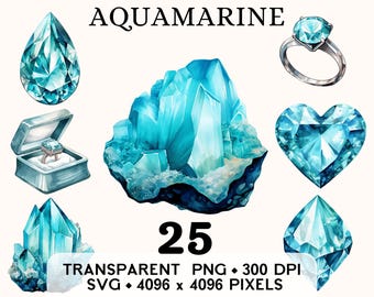 May include: A set of 25 watercolor illustrations of aquamarine gemstones in various shapes, including a teardrop, heart, crystal cluster, and ring. The illustrations are transparent PNG files at 300 DPI and 4096 x 4096 pixels.