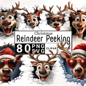 Lustiges 3D-Ren, das Weihnachtspause Clipart, Aquarell Rudolph Red Nose Deer Weihnachten Crack Hole Clip Art, Becher Digital Craft PNG & SVG