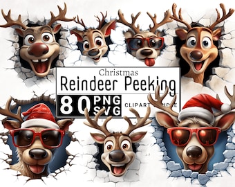 Funny 3D Reindeer Peeking Christmas Break Clipart, Watercolor Rudolph Red Nose Deer Xmas Crack Hole Clip Art, Mug Digital Craft PNG & SVG