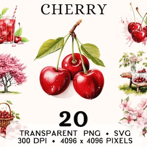Imágenes Prediseñadas de cereza, imágenes prediseñadas de cerezo de acuarela de frutas, diseño de taza y camisa de pegatina de comida exótica, descarga digital, PNG y SVG imprimibles