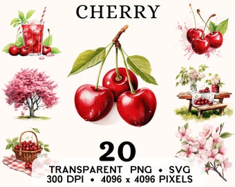 Cherry Clipart, Fruit Watercolor Cherry Tree Clip Art, Exotic Food Sticker Mug and Shirt Design, Digital Download, Printable PNG & SVG