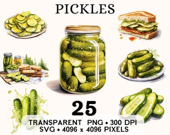 Pickles Clipart, Farm Vegetable Watercolor Health Drink Clip Art, Food Sticker Mug and Shirt Design, Digital Download, Printable PNG & SVG