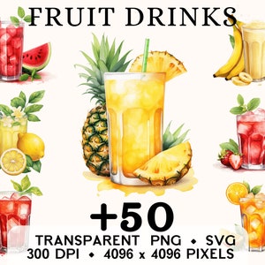 Clipart de boissons aux fruits, clipart aquarelle de jus de cocktail sain, nourriture autocollant Mug et chemise, téléchargement numérique, PNG imprimable & SVG