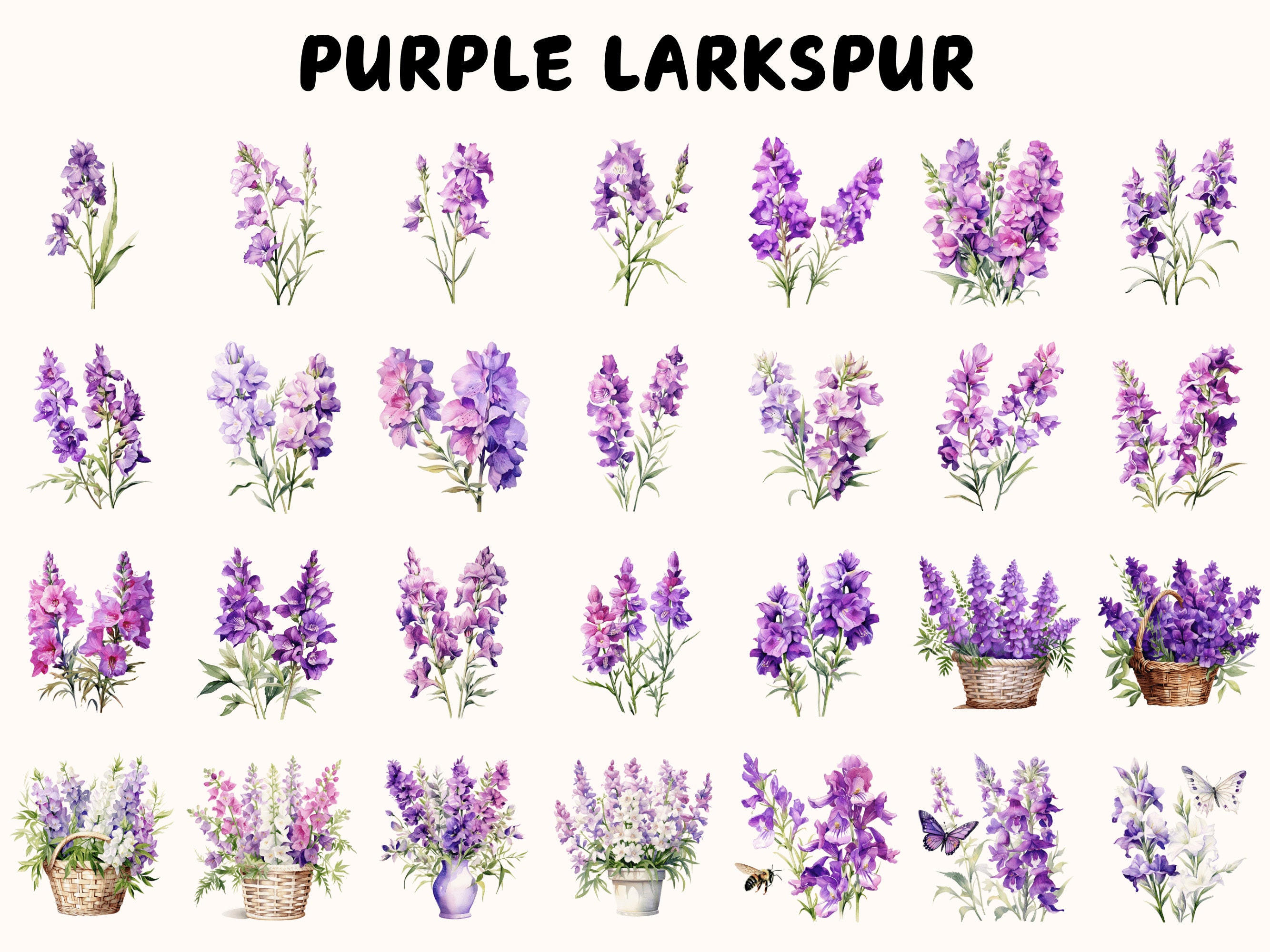 Larkspur Clipart, Cute Delphinium Flower Watercolor Clip Art, Floral ...