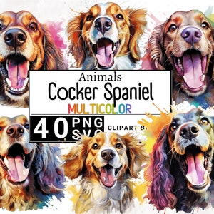 Cocker Spaniel Dog Portrait Watercolor, Puppy Clip Art, Pet Clipart Bundle, Colorful Splash, Commercial use, Digital Download, 4K PNG & SVG