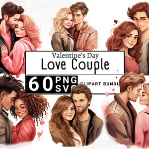 Valentines Day Love Couple Clipart, Cute Watercolor Romantic Boy and Girl Clip Art, Sticker Mug and Shirt Design, Digital Printable PNG SVG