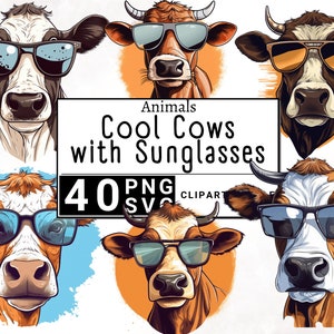 Coole koe met zonnebril clipart, aquarel Animal Farm illustraties, sticker mok en shirt ontwerp, digitale download, afdrukbare PNG & SVG