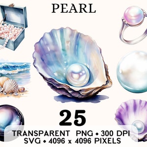 Pearl Clipart Watercolor Gemstone June Birthstone, Seashells and Oyster Sticker Mug and Shirt Design, Printable Digital Download PNG & SVG