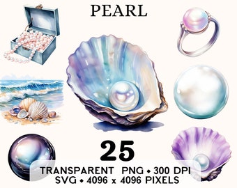 May include: A set of 25 digital illustrations of pearls in various settings. The illustrations include a pearl ring, a pearl necklace in a box, a pearl in a seashell, and a pearl on a beach with seashells. The illustrations are in a watercolor style and are perfect for crafting projects, scrapbooking, and digital design.