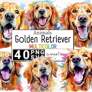 Retrato de cachorro Golden Retriever em aquarela, Clip Art de filhote de cachorro, Pacote de clipart de animal de estimação, Splash colorido, Uso comercial, Digital, 4K PNG e SVG