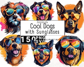 Cool Dog Breeds Wearing Sunglasses Clipart, Watercolor Doggy Clip Art, Cute Goose Sticker Mug and Shirt Design, Digital Printable PNG & SVG