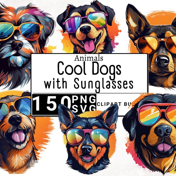 Cool Dog Breeds Wearing Sunglasses Clipart, Watercolor Doggy Clip Art, Cute Goose Sticker Mug and Shirt Design, Digital Printable PNG & SVG