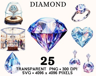 May include: Watercolor illustration featuring various diamond designs, including a large faceted gem, a ring, heart-shaped diamond, and earrings. The word "DIAMOND" is at the top, with the number "25" and technical details at the bottom.