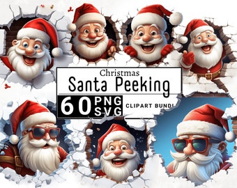 Funny 3D Santa Peeking Christmas Break Clipart, Watercolor Xmas Crack Hole Clip Art, Mug Digital Download Paper Craft, Printable PNG & SVG