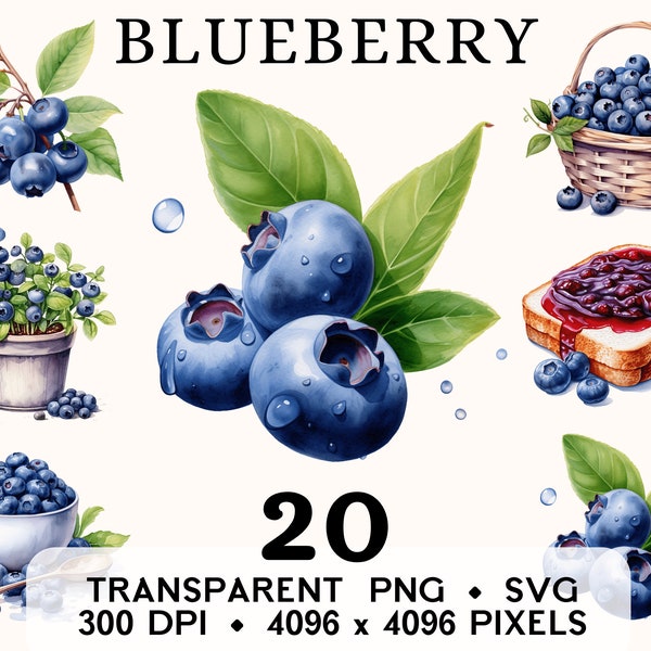 Blueberry Clipart, Fruit Watercolor Blueberry Clip Art, Forest Food Sticker Mug and Shirt Design, Digital Download, Printable PNG & SVG