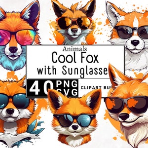 Cool Fox usando gafas de sol Clipart, acuarela bosque animal clip art, linda taza de pegatina y camiseta, descarga digital imprimible PNG & SVG
