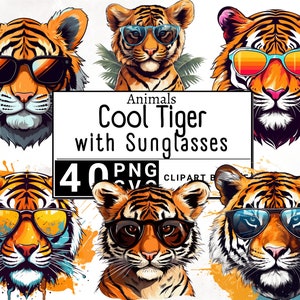 Coole tijger met zonnebril clipart, aquarel bos dieren illustraties, schattige jungle sticker mok en T-shirt, download afdrukbare PNG & SVG