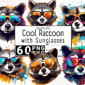 Cool raton laveur avec des lunettes de soleil Clipart, clipart animaux de la forêt aquarelle, mignon ferme autocollant Mug et T-shirt, téléchargement PNG imprimable & SVG