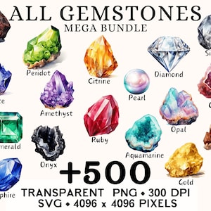 Paquete de imágenes prediseñadas de piedras preciosas: cristales de acuarela, colección de piedras de colores, diseño de tazas y camisetas con pegatinas, descarga digital imprimible en formato PNG y SVG.
