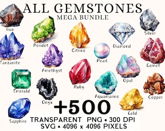 Gemstones Clipart Bundle Watercolor Crystals, Colorful Stones Collection, Sticker Mug and Shirt Design, Printable Digital Download PNG & SVG