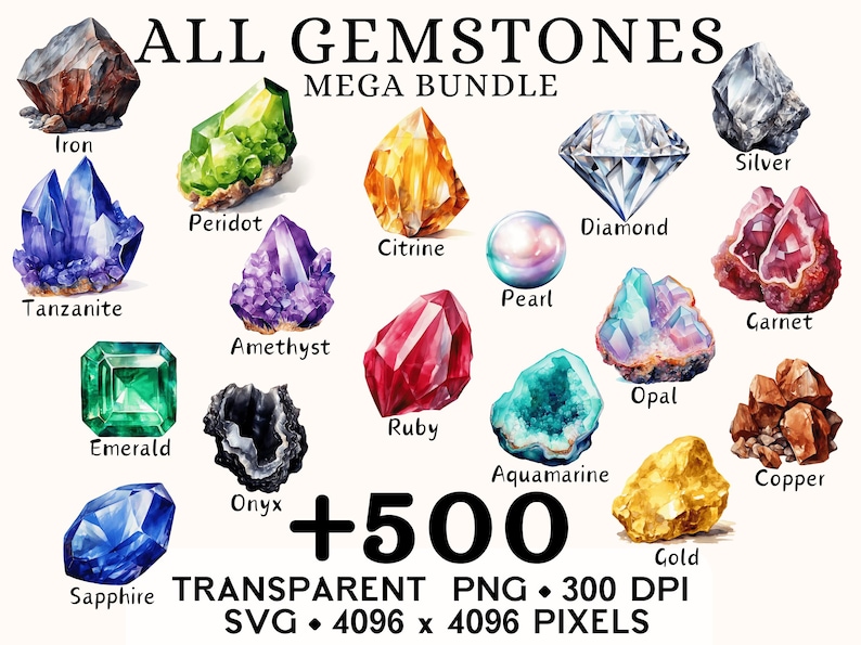 Watercolor All Gemstones Clipart Bundle