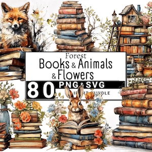 Forêt livres Clipart, livres floraux aquarelles, animaux lecture Clip Art Bundle, Cottagecore Design, téléchargement numérique, PNG imprimable & SVG