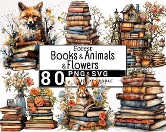 Forest Books Clipart, Watercolor Floral Books, Animals Reading Clip Art Bundle, Cottagecore Design, Digital Download, Printable PNG & SVG