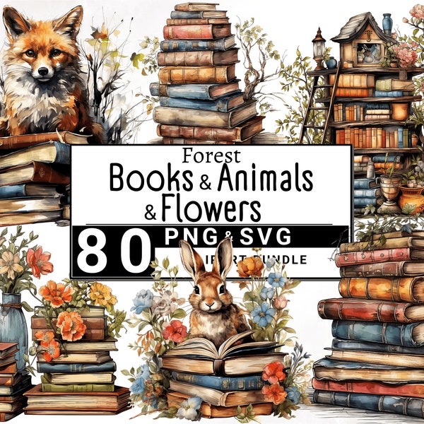 Forest Books Clipart, Watercolor Floral Books, Animals Reading Clip Art Bundle, Cottagecore Design, Digital Download, Printable PNG & SVG