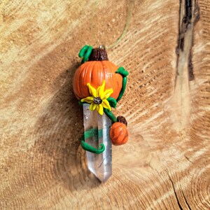 May include: A clear quartz crystal with a green vine wrapped around it. The vine has a small orange pumpkin and a yellow flower with brown center.