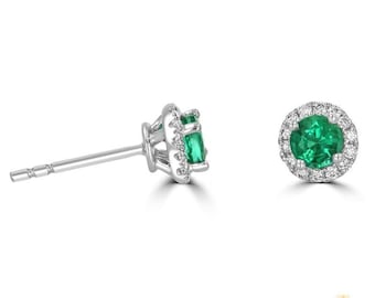 Emerald Halo Diamond Stud Earrings | 14K Gold, IGI Certified