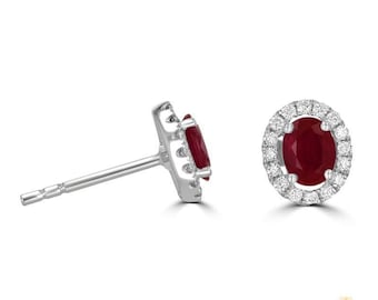 14K Gold Oval Ruby Halo Earrings | Lab-Grown Diamonds, IGI Certified