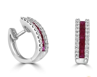14K Gold Ruby Diamond Huggie Hoop Earrings | IGI Certified