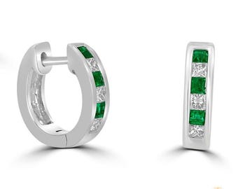 14K Gold Emerald & Lab Diamond Huggie Earrings | Square Cut