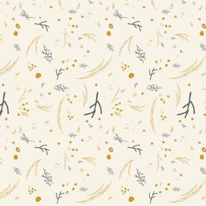 Könnte beinhalten: Ein nahtloses Muster mit einem sich wiederholenden Design aus stilisierten Zweigen, Blättern und Punkten in Gold- und Grautönen auf cremefarbenem Hintergrund.