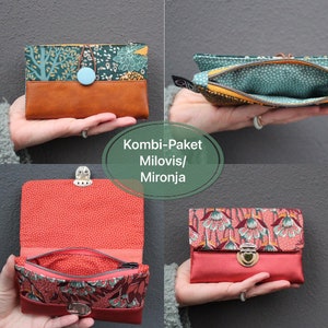 May include: Two sets of wallets with different floral patterns. The first set is green and brown with a light blue button. The second set is red and green with a silver clasp. The text "Kombi-Paket Milovis/ Mironja" is displayed on a green circle.