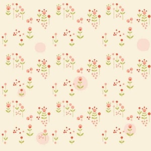 May include: A seamless pattern featuring a repeating design of pink and red flowers with green stems on a light beige background. The pattern includes small pink circles throughout.