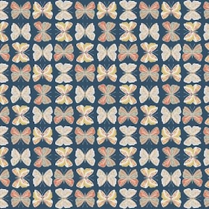 Peut inclure: Un motif répétitif de papillons colorés sur un fond bleu foncé. Les papillons sont stylisés et ont un aspect vintage.