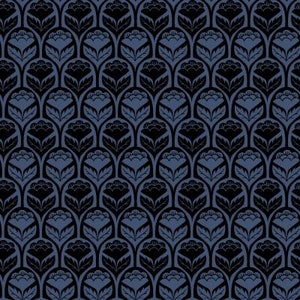 Puede incluir: Un patrón sin costuras con un diseño repetitivo de flores negras estilizadas sobre un fondo azul oscuro.