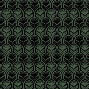 Puede incluir: Un patrón sin costuras con flores estilizadas negras sobre un fondo verde oscuro. Las flores están dispuestas en un patrón repetitivo, creando un diseño geométrico.