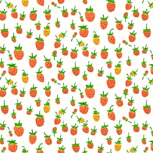 Peut inclure: Un fond blanc est orné d'un motif répété de fraises rouges et jaunes avec des tiges vertes. Les fraises, de tailles variées, sont dispersées sur la surface, créant un design joyeux et estival.