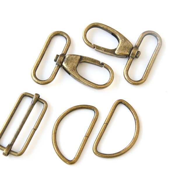 Taschenzubehör-Set, 40mm, Karabiner, D-Ringe, Leiterschnalle, altmessing./ für Taschen, Hipbags