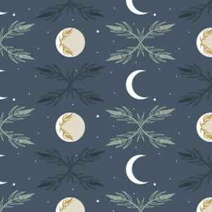 Könnte beinhalten: Ein nahtloses Muster mit einem sich wiederholenden Design aus Halbmonden, stilisierten Weizenähren und kleinen Kreisen auf dunkelblauem Hintergrund.