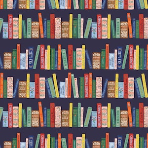 Könnte beinhalten: Ein sich wiederholendes Muster aus farbenfrohen Büchern auf einem dunkelblauen Hintergrund. Die Bücher tragen Titel wie "Gullivers Reisen" und "Heidi". Die Buchrücken sind in verschiedenen Farben gehalten, darunter Rot, Grün, Gelb und Blau. Das Thema ist Literatur und Lesen.