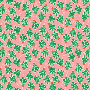 Op de afbeelding: Een naadloos patroon met een herhalend ontwerp van groene bladgroenten met oranje wortels op een roze achtergrond.