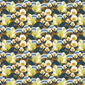 May include: A seamless pattern featuring stylized white flowers with yellow centers on a brown background. The flowers are arranged in rows with blue and green curved lines behind them.
