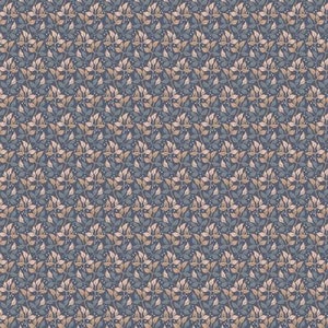 Puede incluir: Un patrón sin costuras que presenta un diseño repetitivo de hojas estilizadas en tonos de azul, marrón y blanco. Las hojas están dispuestas en un patrón diagonal, creando una sensación de movimiento y profundidad. El fondo es de color azul oscuro.